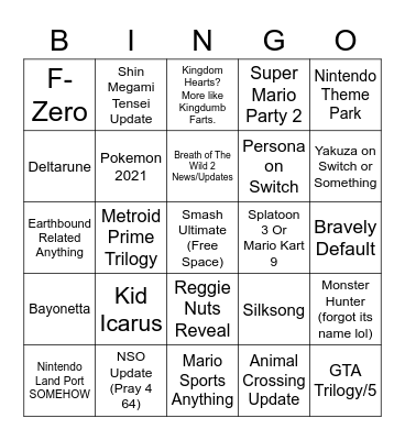 Nintendo Direct Bingo Card