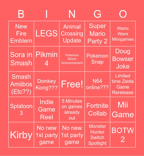 Nintendo Feb 2021 Bingo Card