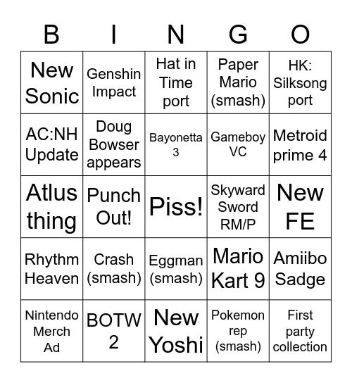 Nintendogs Direct Bingo Card