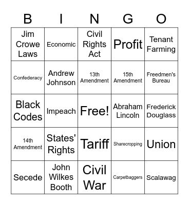 Reconstruction Bingo Card