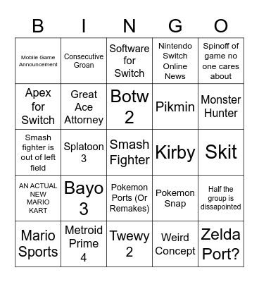 Nintendo Bingo Card