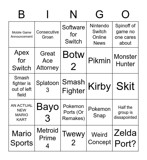 Nintendo Bingo Card