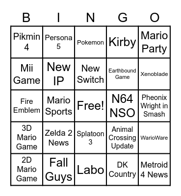 Nintendo Direct Bingo Card