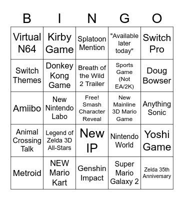 Nintendo Direct Bingo Card