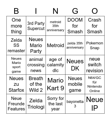 Nintendo Direct Bingo Card