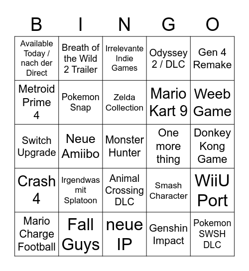 Nintendo Direct Bingo Card