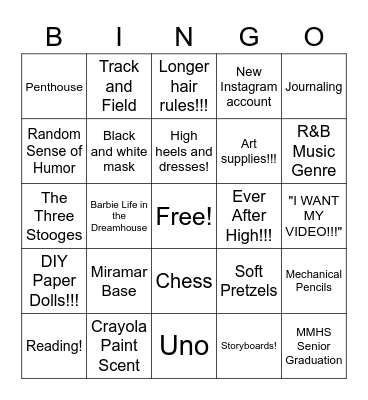 Andrea's 18th Birthday Bingo Card