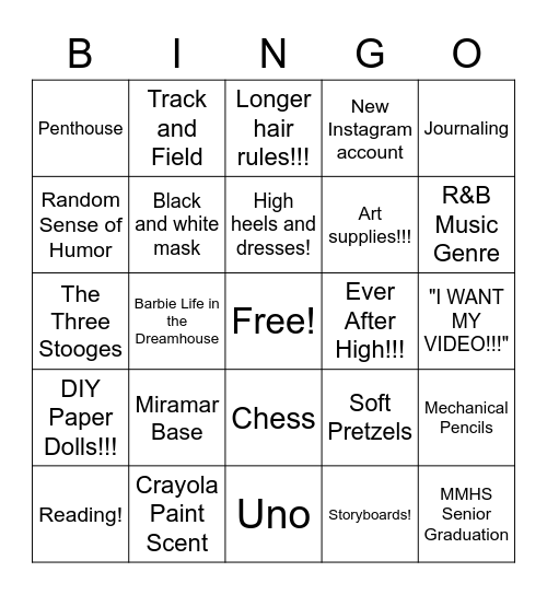 Andrea's 18th Birthday Bingo Card