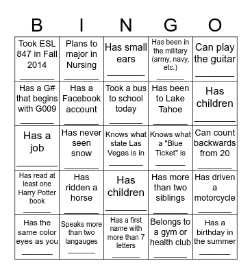 ESL 848 BINGO Card