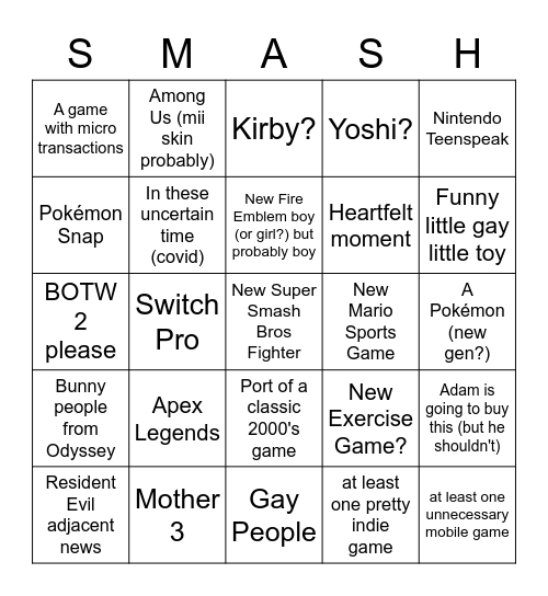 The Nintendo Direct Bingo Card