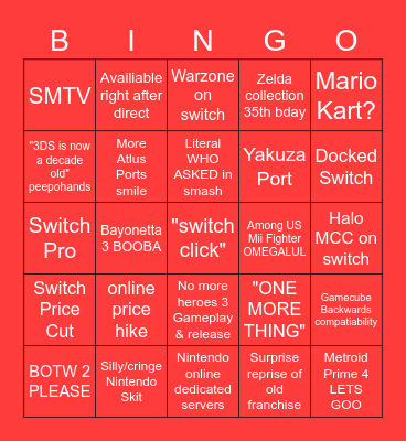 Nintendo Direct 2/17/21 Bingo Card