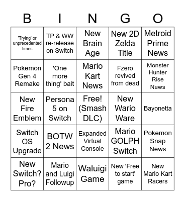 Nintendo Direct Bingo Card