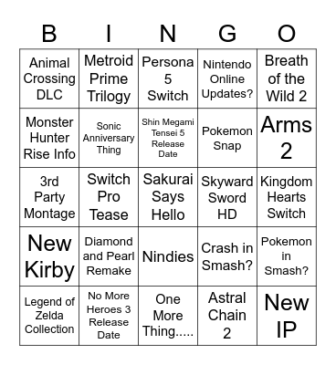 2/17 Nintendo Direct Bingo Card