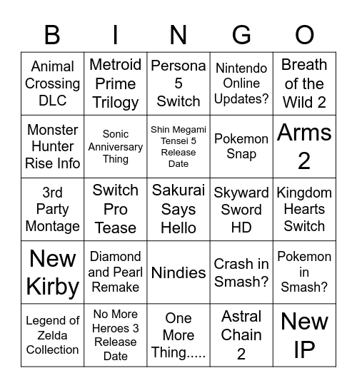 2/17 Nintendo Direct Bingo Card