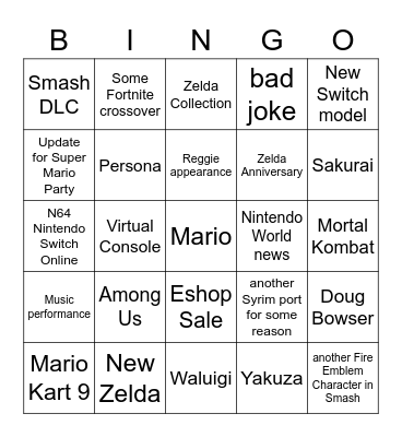 Nintendo Direct Bingo Card