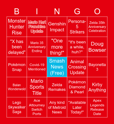Nintendo Direct February 2021 Bingo Card