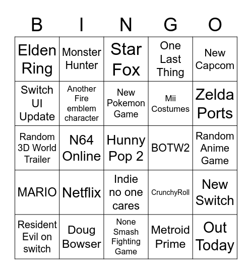 NINTENDO DIRECT Bingo Card