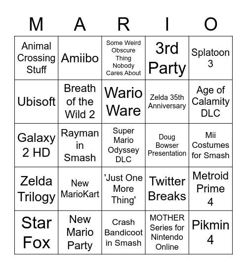 Nintendo Direct 2021 Bingo Card