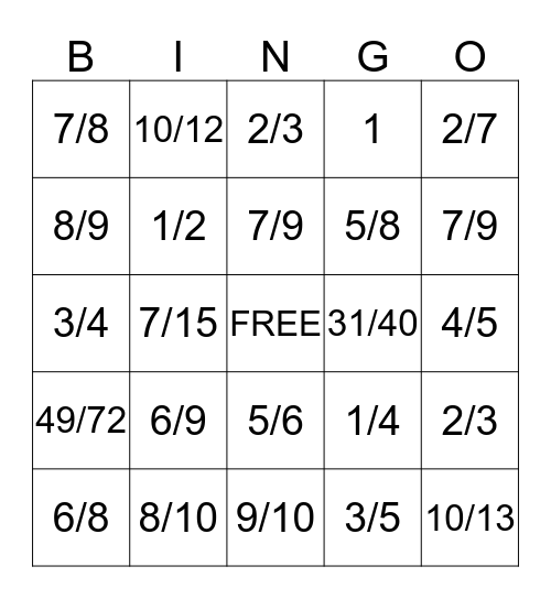 Adding Fractions Bingo Card
