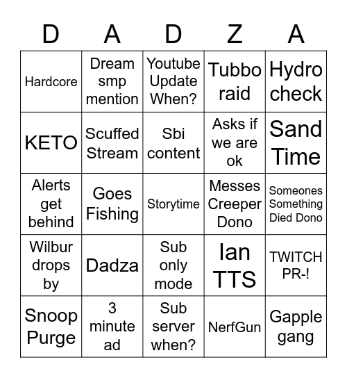 Dadza stream bingo Card