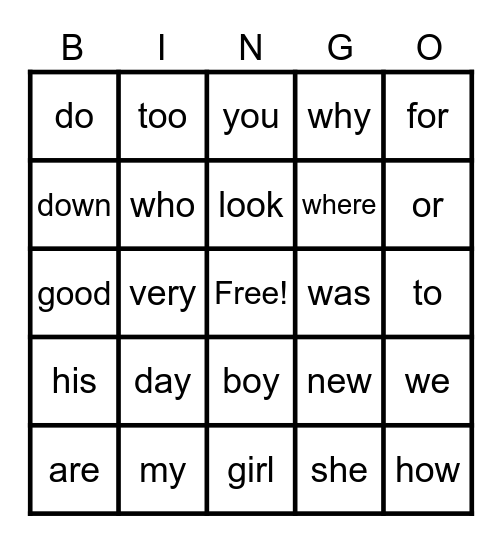 Memory Word Bingo Card