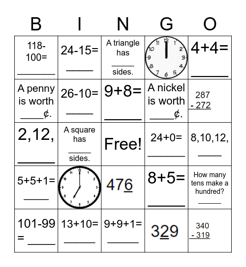 Second Grade Math Day Bingo Card