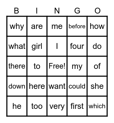 Memory Word Bingo Card