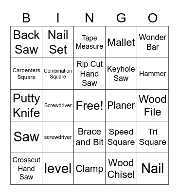 Hand Tools Bingo Card