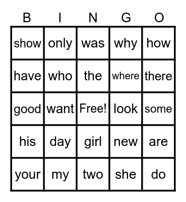 Memory Word Bingo Card