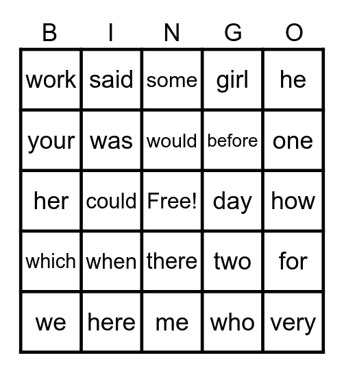 Memory Word Bingo Card