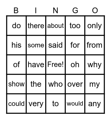 Memory Word Bingo Card
