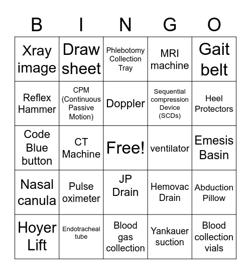 Medical Equipment Recognition Bingo Card