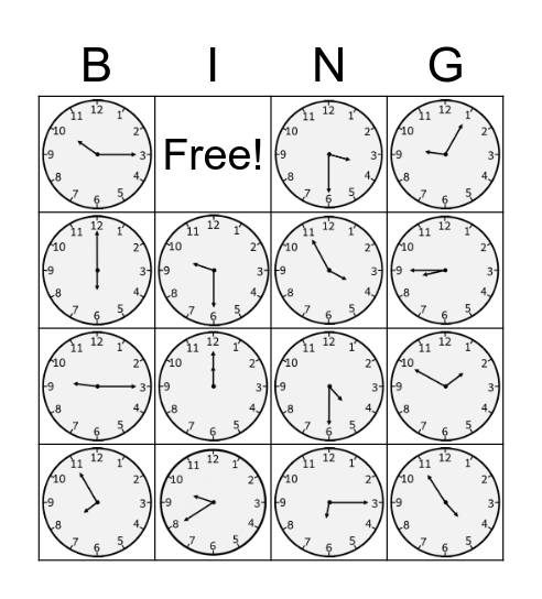 Telling the Time Bingo Card