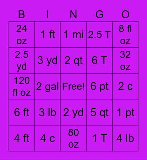 Customary Unit Conversions Bingo Card