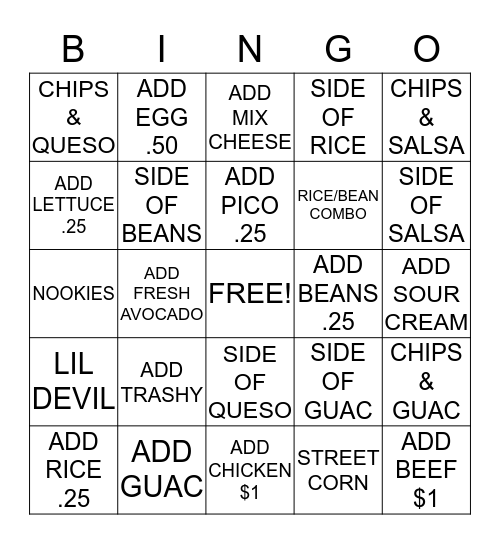 Torchy's Tacos- Upsell Bingo Card