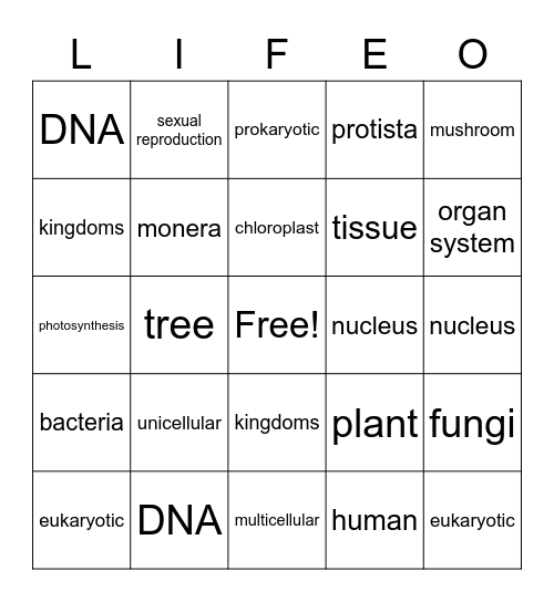 Life and Classification Bingo "Life-o" Bingo Card