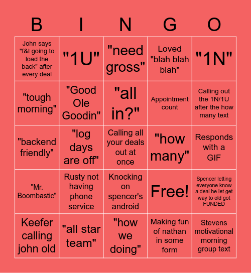 Manager Group Text Bingo Card
