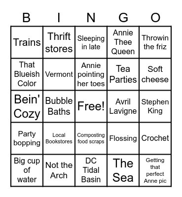 Jacque's Favorite Things Bingo Card