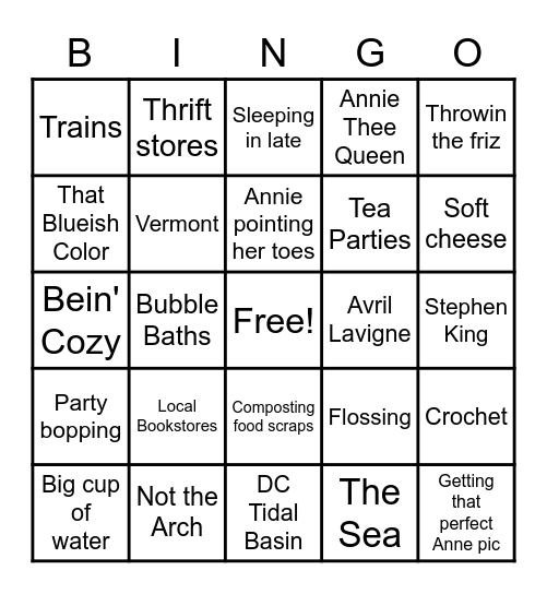 Jacque's Favorite Things Bingo Card