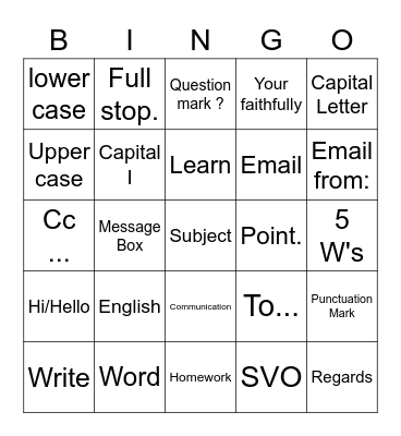 English learning Bingo Card