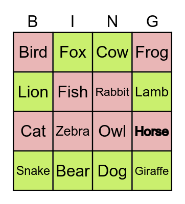 Animal BINGO Card