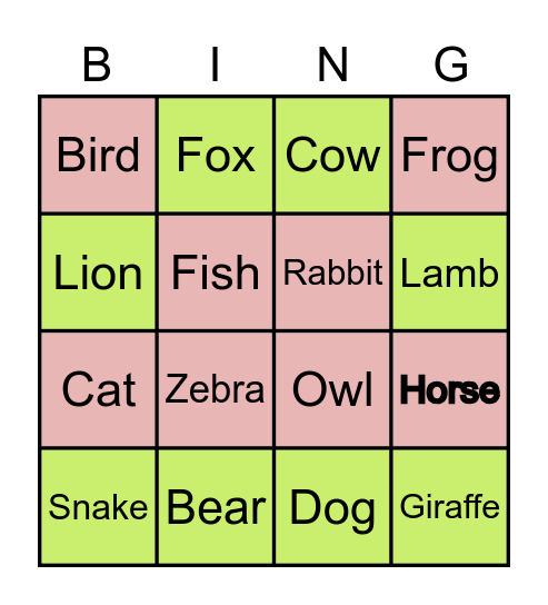 Animal BINGO Card