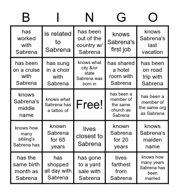 How Well Do You Know Sabrena Bingo Card