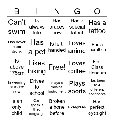 Getting To Know You! Bingo Card