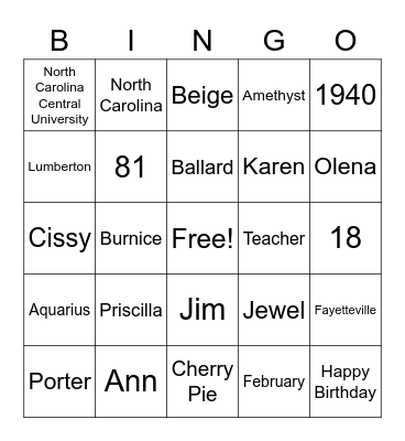 PAT'S BIRTHDAY BINGO Card