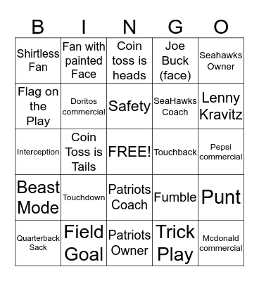 SuperBowl Bingo! Bingo Card