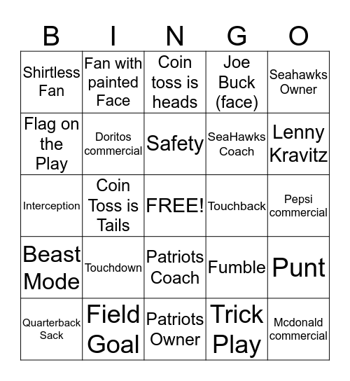SuperBowl Bingo! Bingo Card