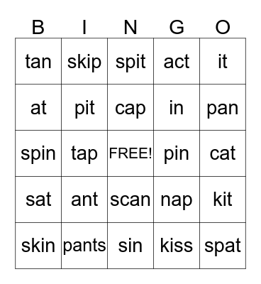 Phonics Bingo Card