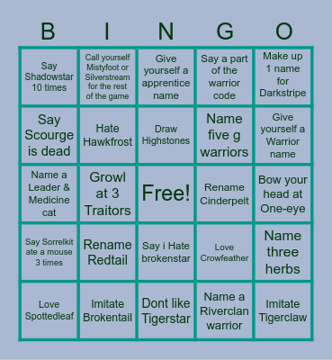 Warrior Cats Evolution Bingo Card