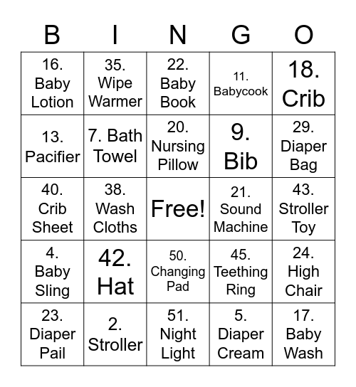 Baby Shower Bingo Card